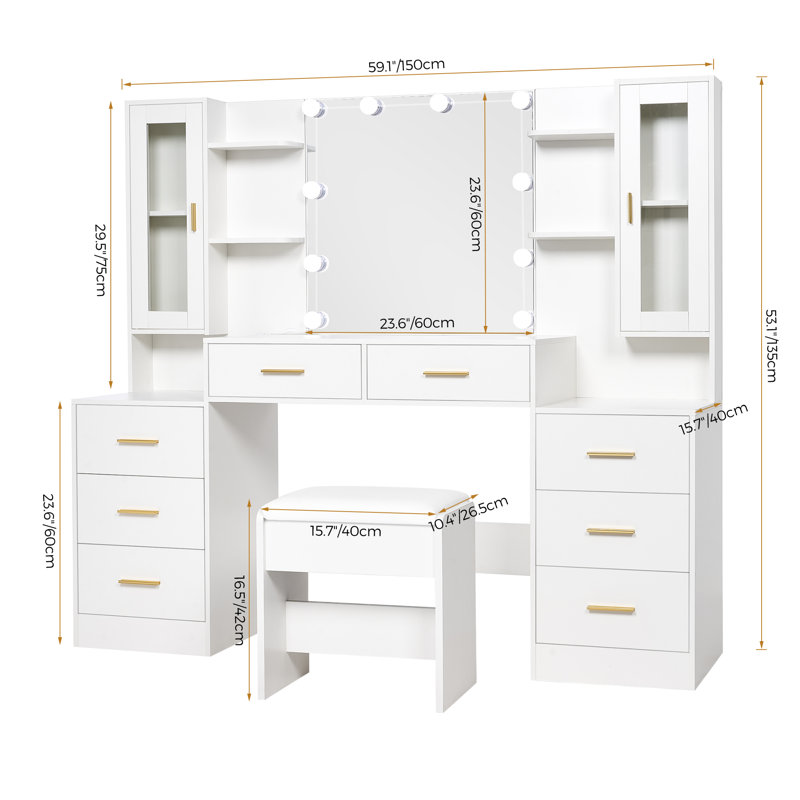 59.1" Large Vanity Desk Table With Mirror & Lights, White Makeup Vanity With Power Outlet And 8 Drawers 2 Cabinets