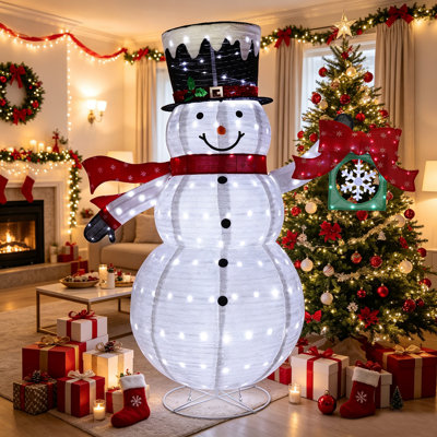 6FT Pre-Lit Snowman Christmas Decoration with 320 LED Lights and 360° Rotating Snowflake Gift Box