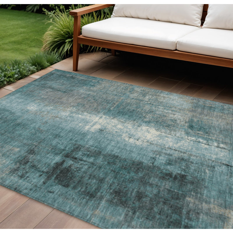 Tapis d'extérieur lavable abstrait bleu sarcelle et ivoire 8 pi x 10 pi