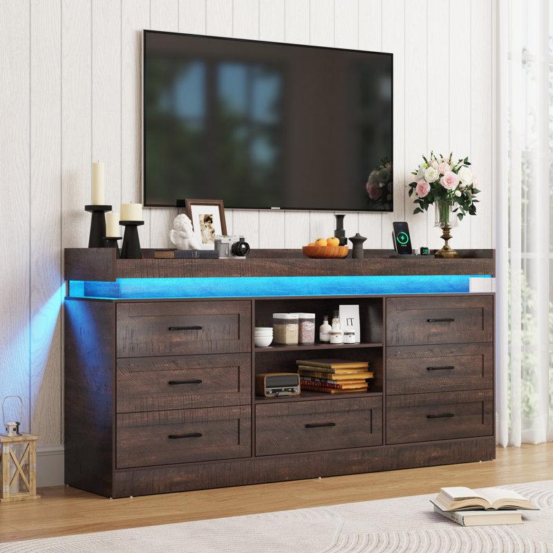 Juventina 70" 7 Drawer Dresser With Power Outlets, LED Lights, And 2 Open Storage Shelves