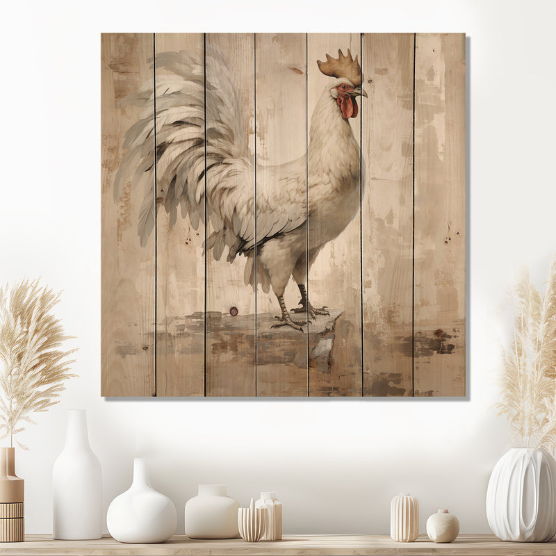 Rustic Rooster Wooden Peck II - Poulet sur bois, H 15 po x l 15 po