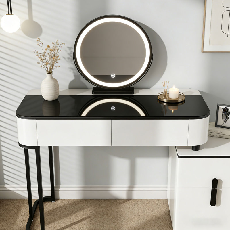 Modern Vanity Table with Tempered Glass Top, Adjustable Height Legs, Multi-functional Storage Cabinet and Round Mirror