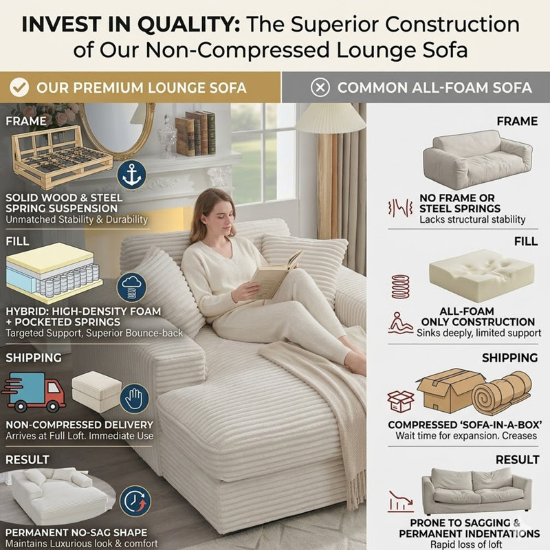 Amelia Extra Large Solid Wood Corduroy Comfy Chaise Lounges Sofa Bed With Deep Seat, White