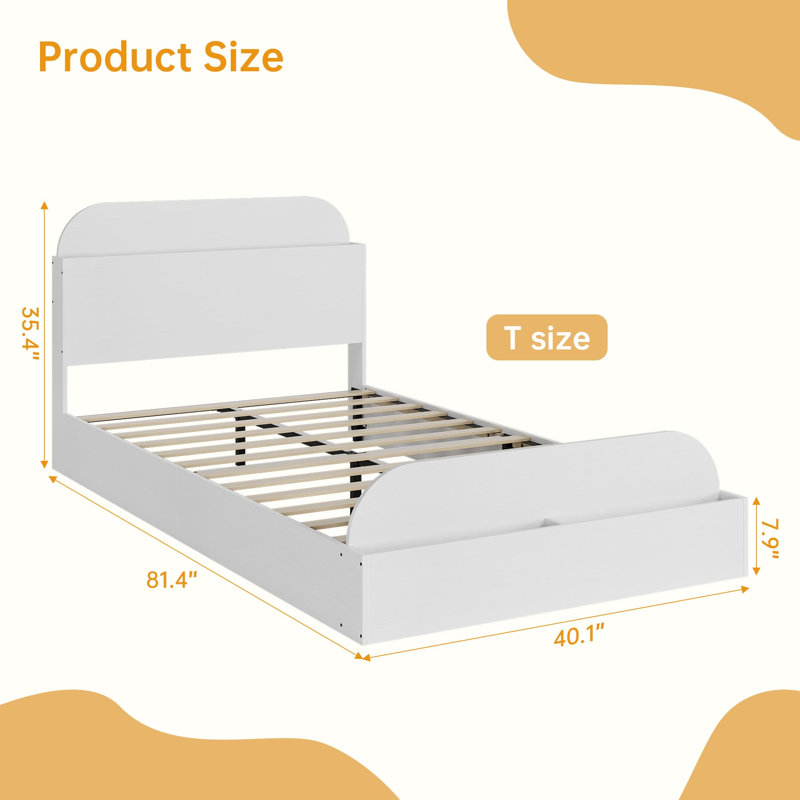 Twin-XL Wooden Platform Bed Frame with Storage Headboard & Raised Footboard, Low Profile Design, Sturdy Slat Support, No Box Spring Needed - White Wood Grain