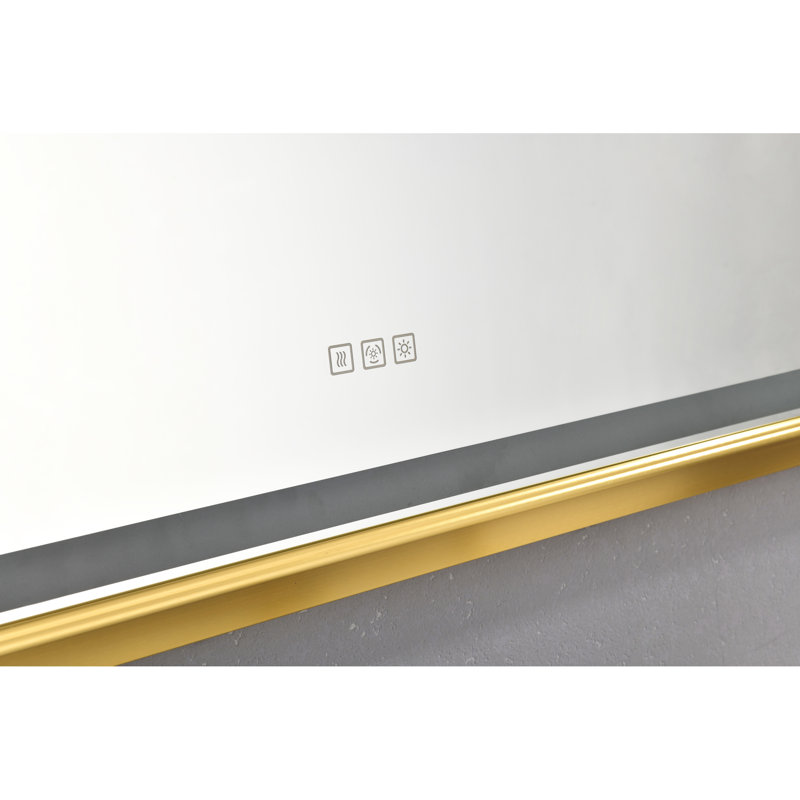 Miroir de salle de bain 48 po x 72 po à DEL, fixation murale avec structure en aluminium, brouillard, 3 modes de couleur, éclairage à intensité variable en continu, bord brossé doré 48 po x 72 po, technologie de brouillard, températures, luminosité réglable