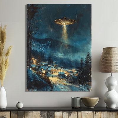 Blue White Winter Night Ufos - Ufos Wall Art Living Room