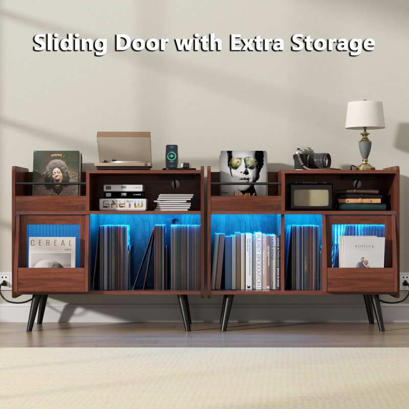 Large Record Player Stand, 350 Vinyl Record Storage Holder with Power Outlet and LED Light