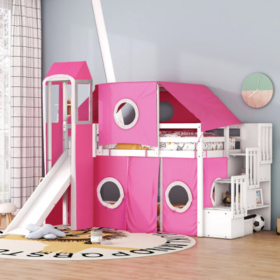Pink Twin Loft Bed With Tent And Tower, High - Quality Pine , Like Appearance, Under Space For Costumes Solid Build, Style Design, Ample Storage Skateboards