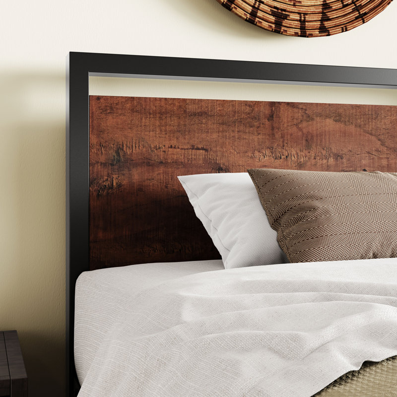 Base de lit plateforme en métal avec tête de lit et pied de lit en bois Minas, Twin, Mahogany