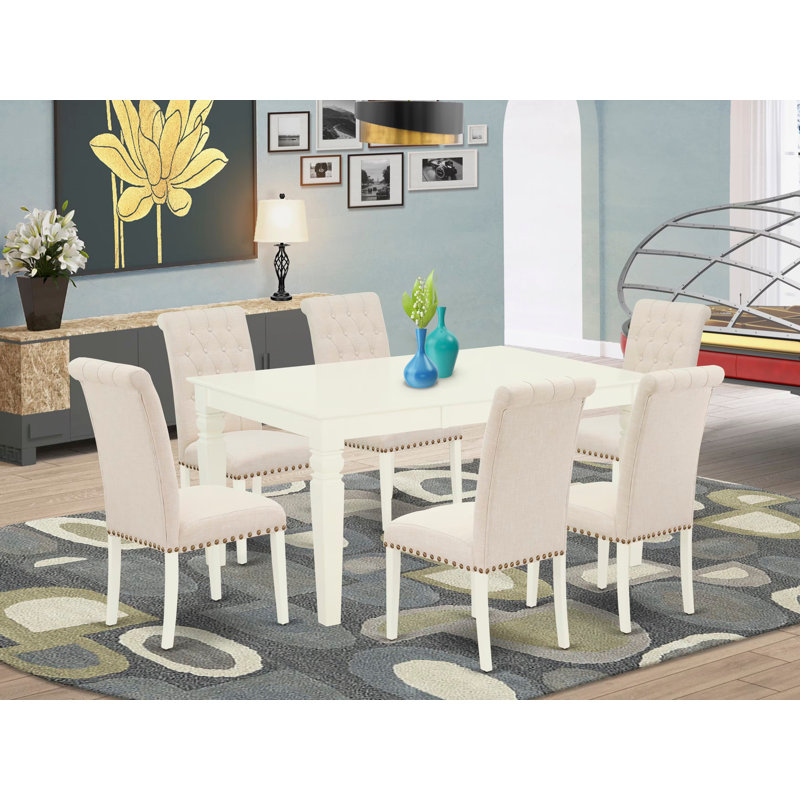 Ensemble de table de salle à manger 7 pièces composé d'une table de cuisine rectangulaire avec rallonge papillon et 6 chaises Parsons en tissu de sable sable clair, 42 x 84 po, noir