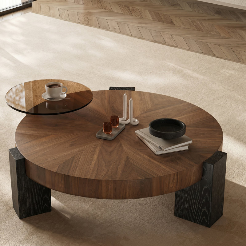 2-Piece Round Coffee Table Set, Space-Saving Nesting Tables with Walnut Finish & Tea Glass Top, Modern Geometric Base for Living Room
