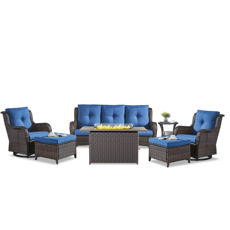 Carolina 7 - Pieces Sofa Seating Group With Fire Pit With Cushions, Blue/Brown