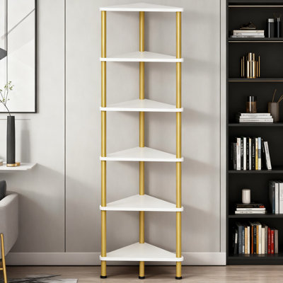 Bibliothèque de coin industrielle à 6 niveaux avec structure en métal, tablette murale peu encombrante pour petits espaces, présentoir pour salon et chambre à coucher