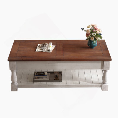 Retro Lift-Top Coffee Table With Storage For Living Room, Hidden Compartment & Lower Shelf, Espresso & Weathered White Finish
