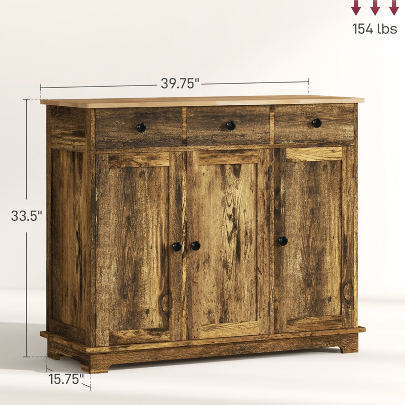 Buffet rustique brun - Buffet avec 3 tiroirs et tablettes réglables pour le rangement de la cuisine moderne