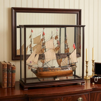 39" Wood Brown HMS Surprise 1796 Table Top Display Case Hand Painted Model Boat