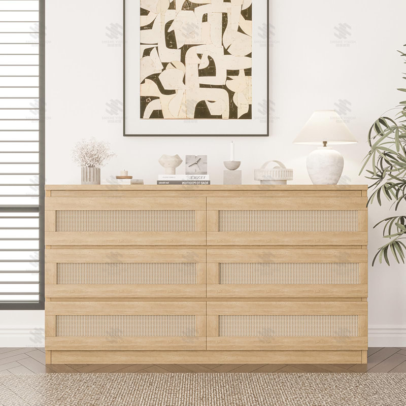 Commode 6 tiroirs en rotin pour chambre à coucher, meuble télé double avec commode en bois, Brun
