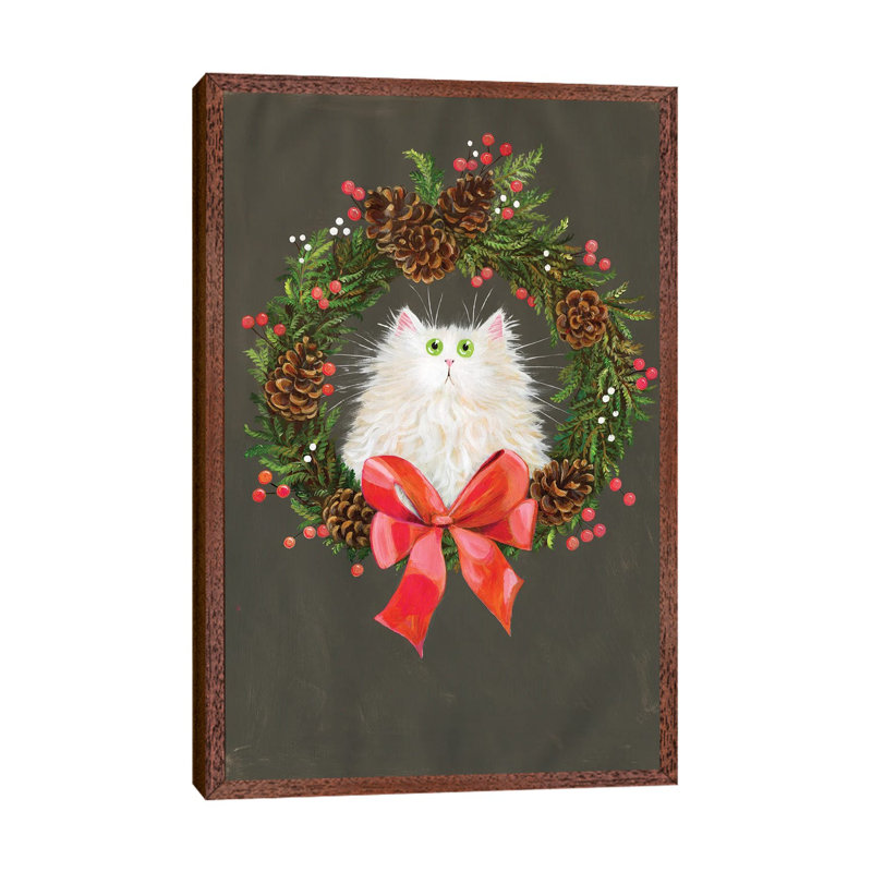 Festive Wreath White Cat by Kim Haskins - Print on Canvas, 66.04 cm H x 45.72 cm W, Classic Brown Wood Framed