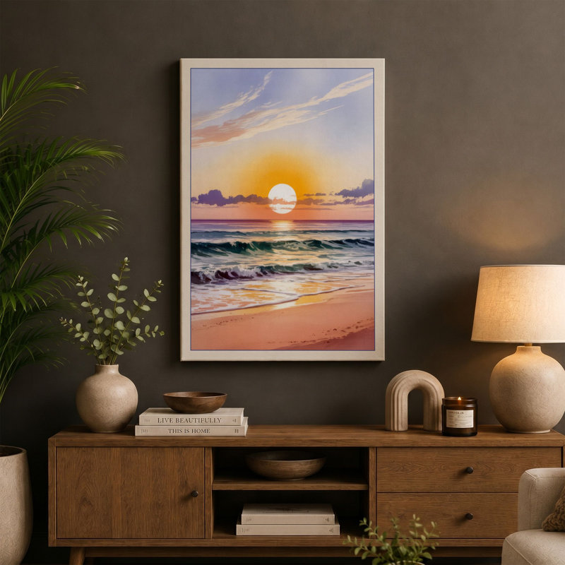 Golden Hour at the Shore Coastal - Wrapped Canvas, 18x12 - 45.7 x 30.5 cm, Cream Border