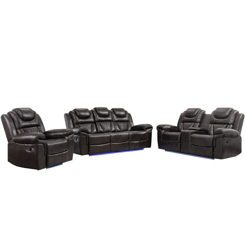 Ensemble de canapés inclinables 3 pièces, sièges de cinéma maison, fauteuil inclinable manuel avec console centrale et bande lumineuse à DEL pour le salon