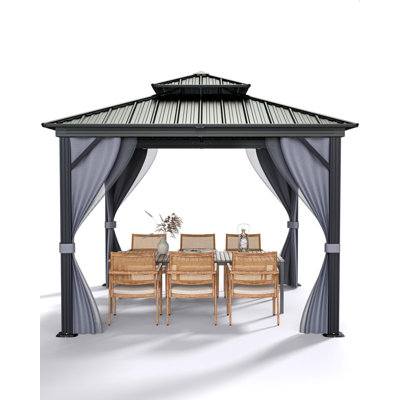 All-Weather Hardtop Gazebo with Double Metal Roof & Aluminum Frame, Outdoor Pavilion,  Spray + Gray Cloth  Mesh, 12x12FT