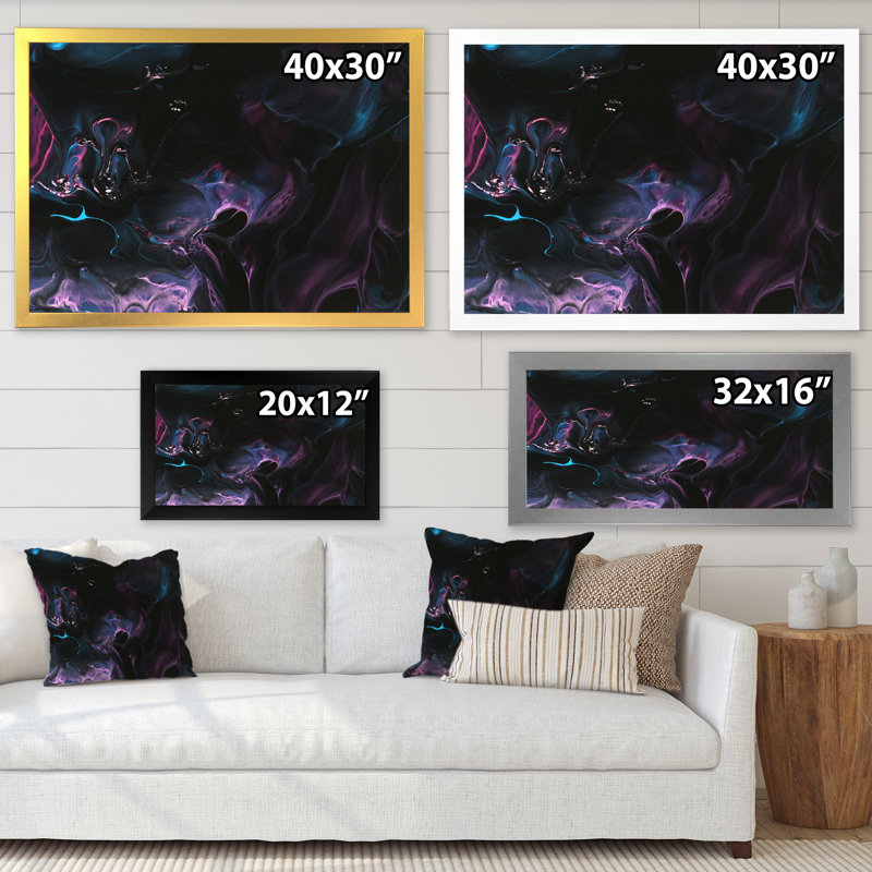 Marbre rose néon sur noir - peinture sur toile, H 34 po x l 44 po x P 1,5 po, Cadre doré