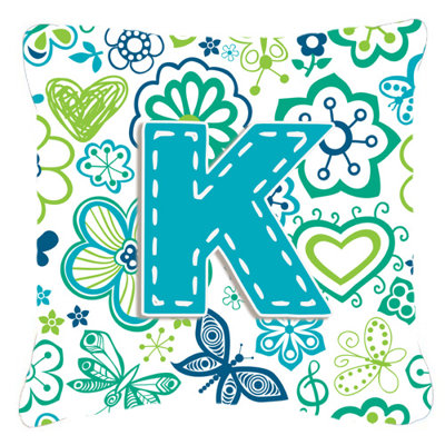 Monogram Letter Flowers and Butterflies Teal Blue Indoor/Outdoor Throw Pillow