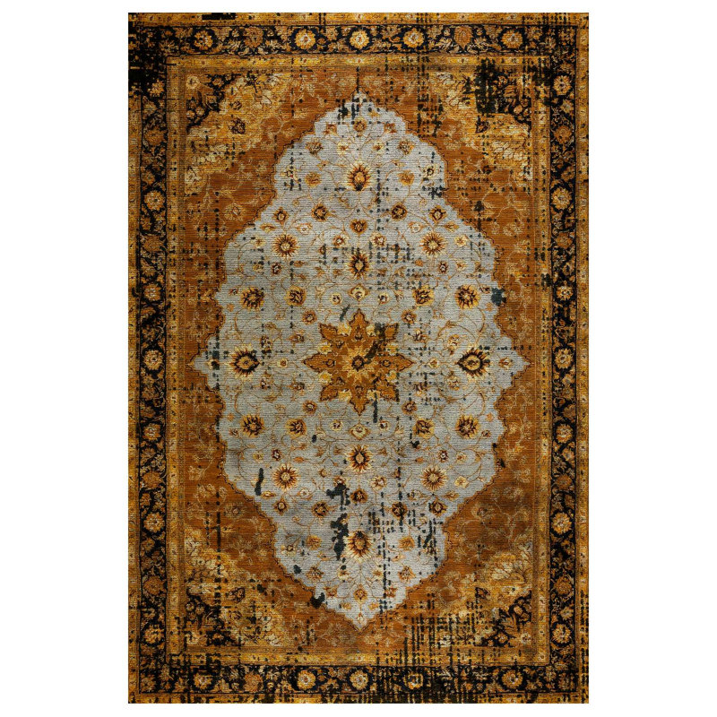 Girvin Yellow Oriental Machine Printed Cotton Polyester Area Rug, Runner 4' x 8'3"