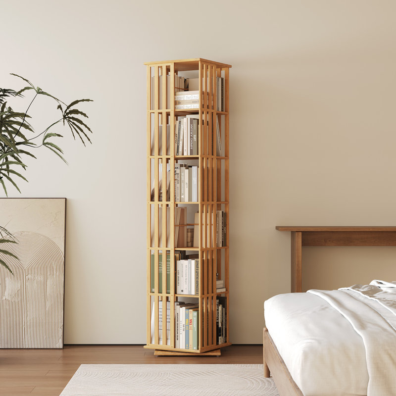 Tour de bibliothèque rotative, bibliothèque de coin en bambou à 6 niveaux avec organisateur de présentation et support de rangement au sol, conception pivotante étroite à 360 ° pour économiser de l'espace, naturel