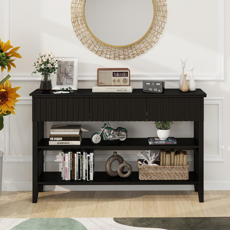 51.18" Console Table With 3 Drawers And Open Storage Shelf, Black