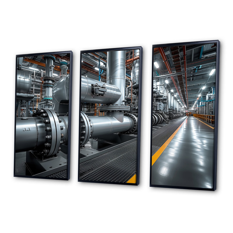 Monochrome Yellow Grey Industrial Pipeline III - Factories Wall Decor Set, Black Floater Framed Canvas, 28" H x 36" W x 1" D