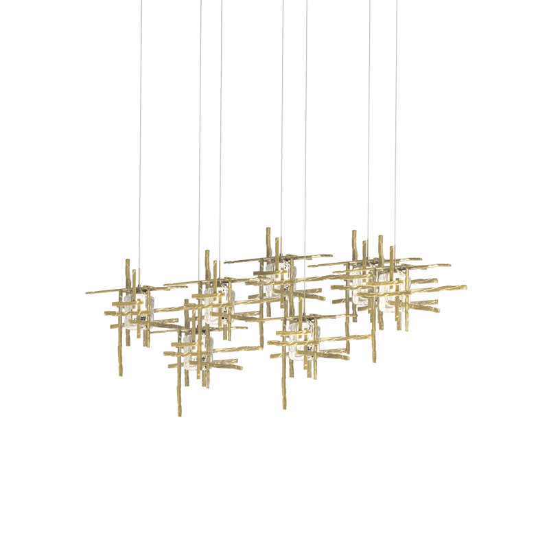 Tura 7-Light Glass Rectangular Pendant, Seeded Clear, Modern Brass, 30" - 130"