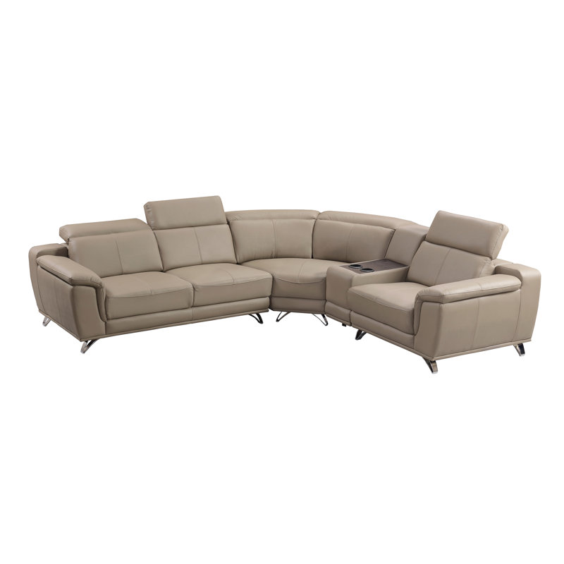 Lirison Upholstered Curved Sectional Right Hand Facing, Dark Tan Genuine Leather, Right Hand Facing