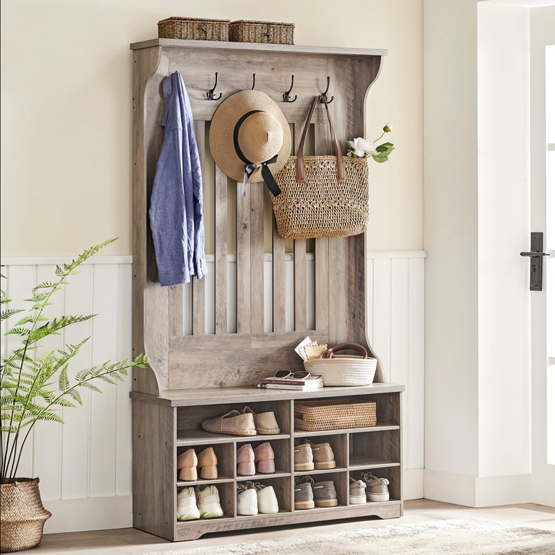 Chalemet Hall Tree 39.4'' Wide with Bench and Shoe Storage, Greige