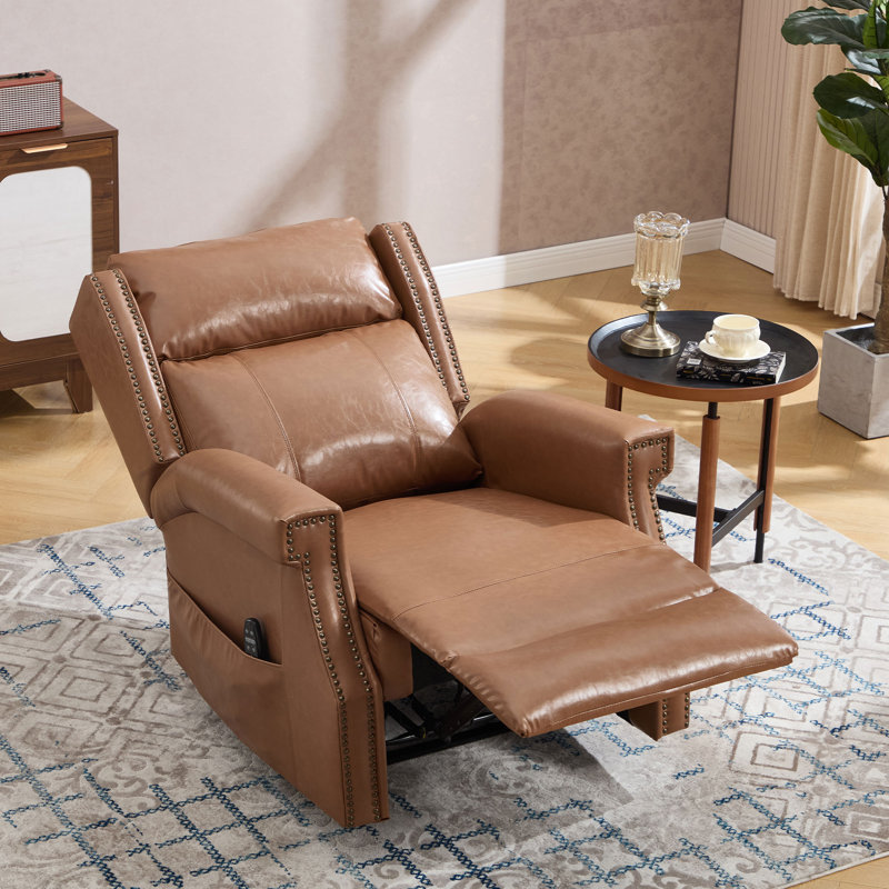 34.8"W Manual Recliner with Heat and 8-point Massage function, vintage design, with pockets, Caramel