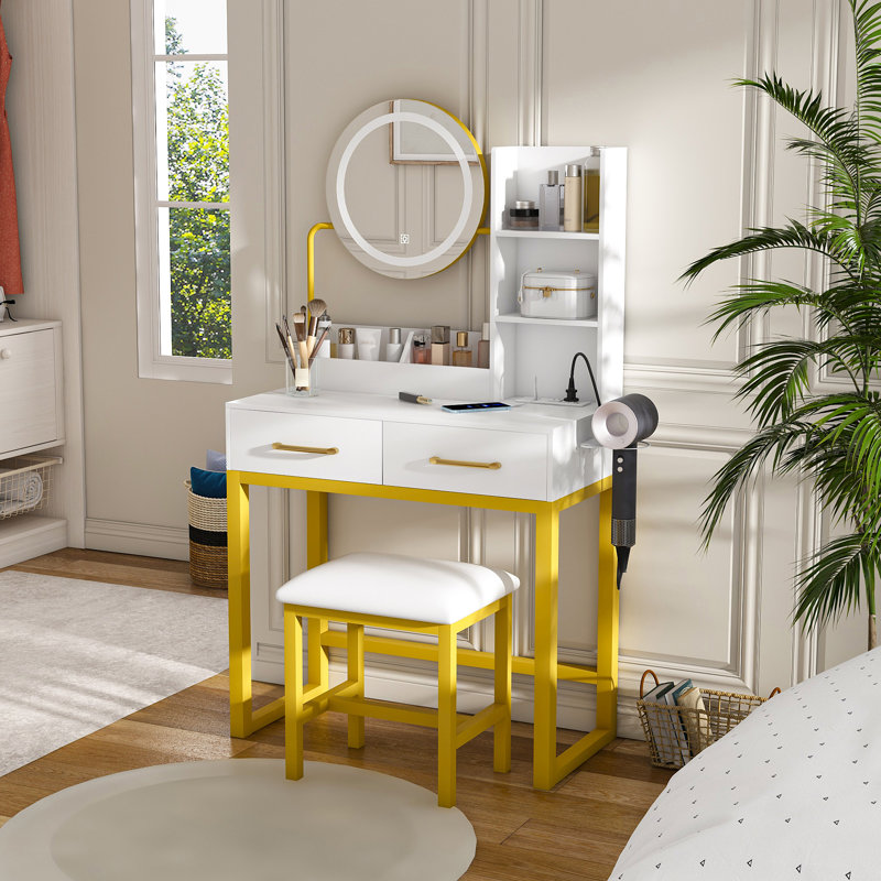 Makeup Vanity With LED Lights&3 Color And Power Outlet Makeup Vanity Table With 2 Big Drawers With Sturdy Metal Leg And Metal Chair Dressing Table For Bedroom Dressing Room