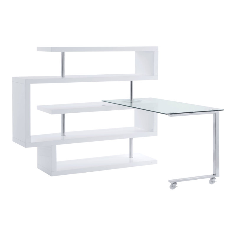 Bureau en L, bureau d'écriture, bureau, Blanc / argenté