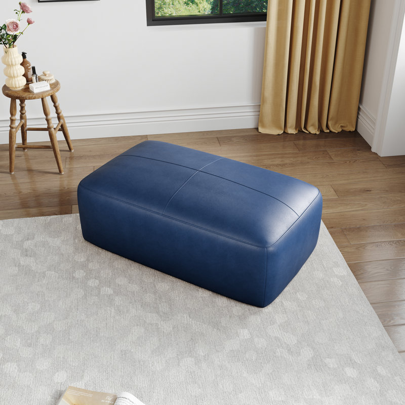 Hustle Square Top-Grain Genuine Leather Ottoman, Navy Blue