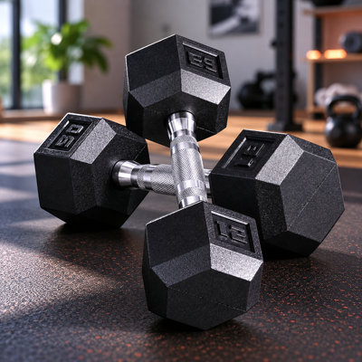 Black Rubber Hexagonal Dumbbell Set, Total Weight 24 Lbs, Single Dumbbell 12 Lbs, Home, Office, Gym, Full-Body Strength Training Equipment.
