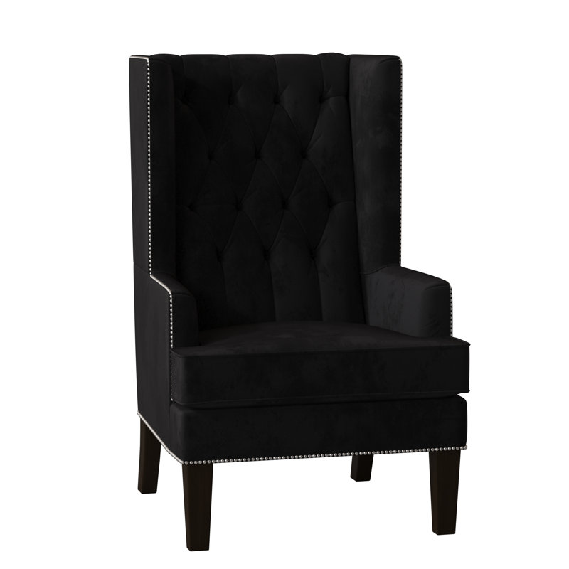 Fauteuil à oreilles capitonné de 30 po de largeur Searle, Velours noir, Marron foncé