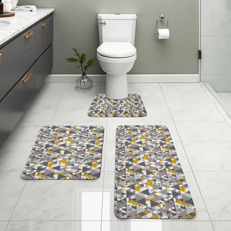  Ensemble de tapis de salle de bain jaune et gris 3 pièces en U et tapis rectangulaires gris anthracite et souci