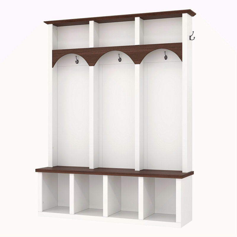 Farmhouse Wooden Style Hall Tree With Arched Design, Practical Entryway Walnut Storage Bench With 5 Black Hooks, Minimalist 4-In-1 Hallway Shoe Cabinet With 7 Cubbies For Mudroom, Living Room