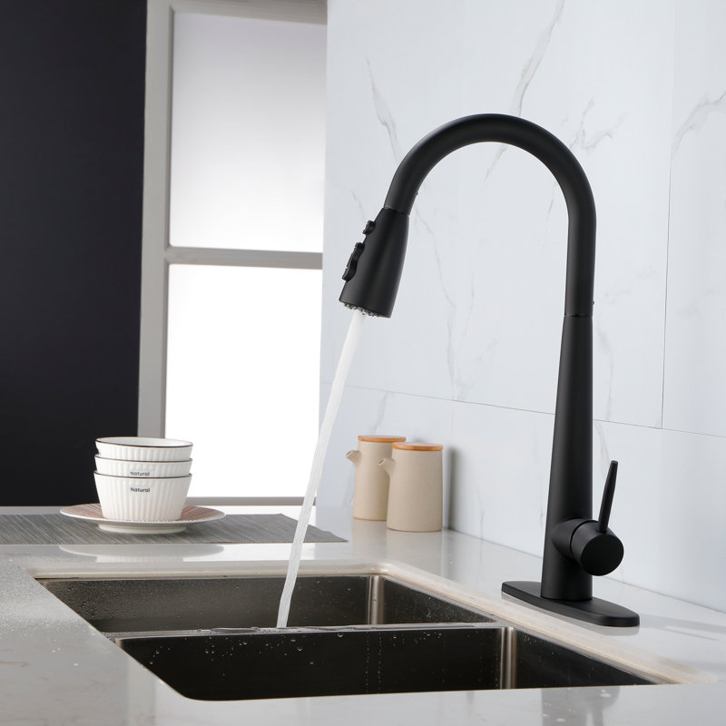 Black Kitchen Faucets With Pull Down Sprayer, Kitchen Sink Faucet With Pull Out Sprayer, Fingerprint Resistant, Single Hole Deck Mount, Single Handle Copper Kitchen Faucet, Matte Black