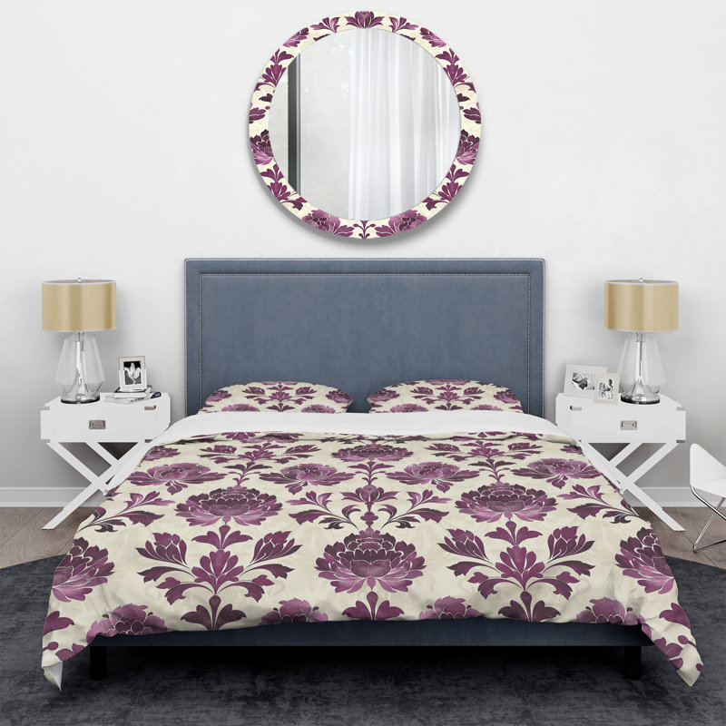 Ensemble de housse de couette mauve à motif floral damassé mauve et glamour I