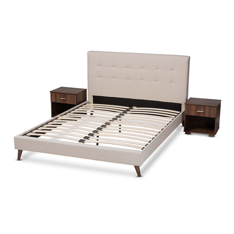 Ensemble de chambre à coucher rembourrée 3 pièces Harville, Beige / noyer, Grand