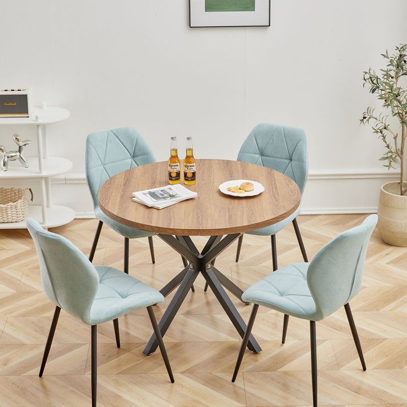Modern Simple Round Solid Wood Dining Table Set - Set Of 4 Diamond Pattern Velvet Dining Chairs - Metal Legs - For Living Room/Bedroom