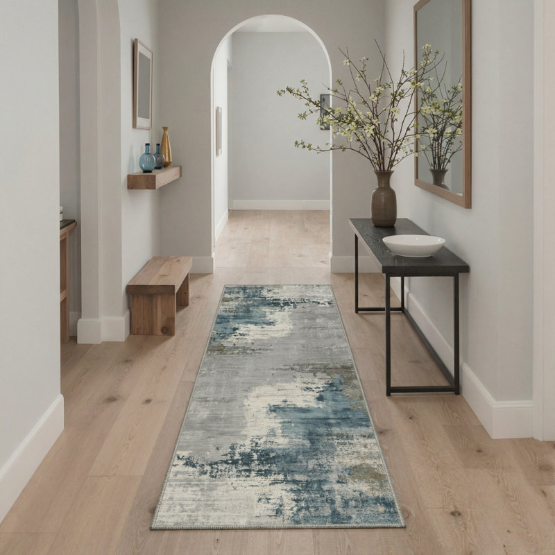 Abstract Watercolor Wash Machine Washable Slate Blue Indoor Area Rug With Non-Slip Backing, Runner 2' x 7'