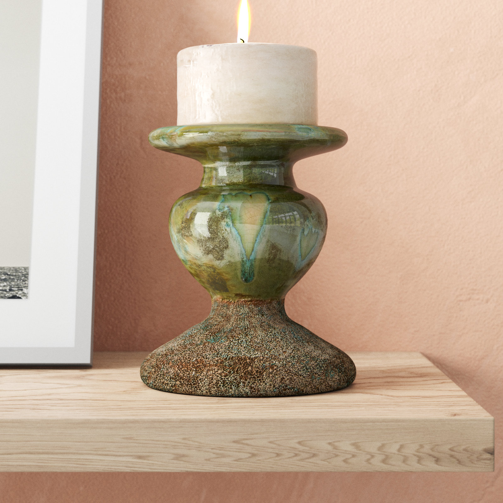 Waikiki Earthenware Tabletop Candlestick, Distressed Green, 5.3" H x 4.5" W x x 4.5" D