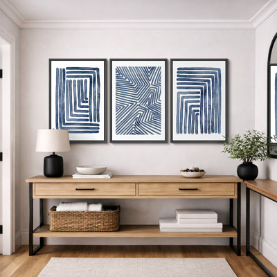 Geometric Line "Navy Blue Stripe Abstract Artwork, Simple Modern Contemporary Bedroom Wall Pictures, Large Framed Canvas Giclee Print 3 Pieces Wall Art Set"