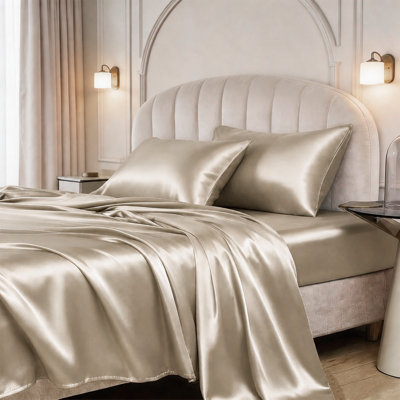 Ensemble de draps en satin 3 pièces, taille simple, poches profondes de 38 cm, draps de lit luxueux, doux et soyeux, rafraîchissants, infroissables, pour un sommeil confortable, couleur champagne